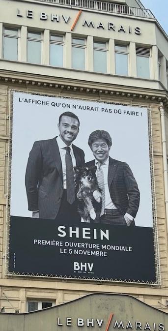 Les patrons des deux entreprises s’affichent sur la façade du magasin avec le slogan «L’affiche qu’on n’aurait pas dû faire» : Frédéric Merlin, dirigeant de SGM, la société propriétaire du magasin, et Donald Tang, président exécutif de Shein.
