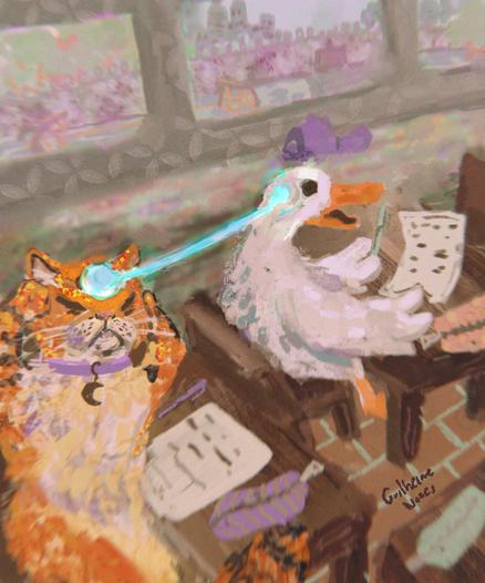 A painting of a cat in a classroom attempting to use telepathy, in the form of a laser beam, emanating from its forehead and reaching the nape of a duck's neck, which appears to be very frightened in the classroom.