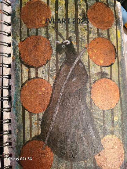 A dark-robed figure stands against the dense tree line, he holds a staff and has conjured magical Cooper colored orbs