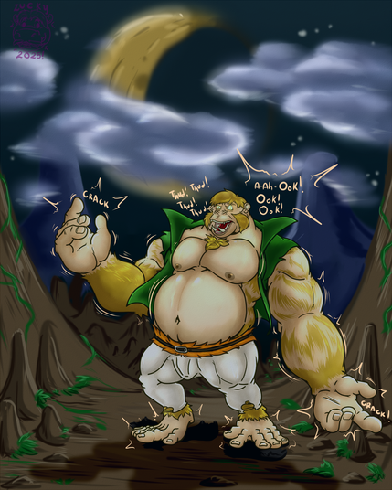 The clouds might hide the light of the Banana Moon, but that protection it is not permanent. As the cloud vanish the true savage nature of those bathed by their lights is revealed.
This rare phenomenon can summon the most savage beast on those bathed by their lights, growing, thickening, bulking, hairyness are commen effects to those affected by this rare curse that only happen on specific nights on this special canyon of the valley.