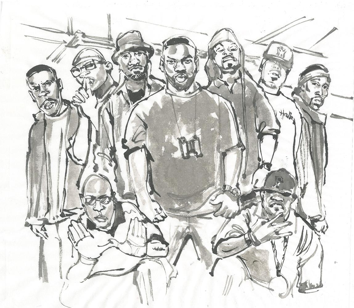 A group of people known as the wu tang clan as depicted in brush and ink.