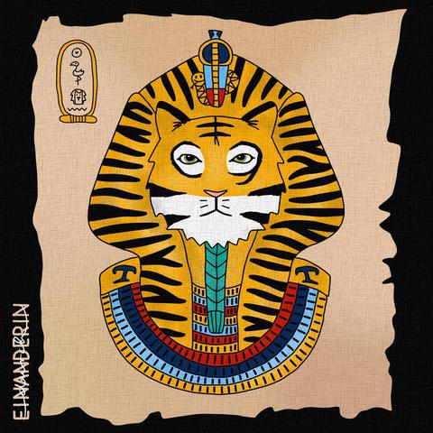 Digitale Zeichnung: wie auf einem Pergament aufgemalt die goldene Totenmaske von König Tutanchamun, allerdings mit einem Tigergesicht und Tigerstreifen. Links oben Hieroglyphen (Herz, Flamingo, Löwe, Zickzacklinie).