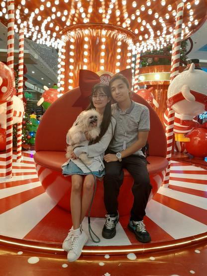 Me, my GF, and our dog sitting at a Christmas installation at the mall