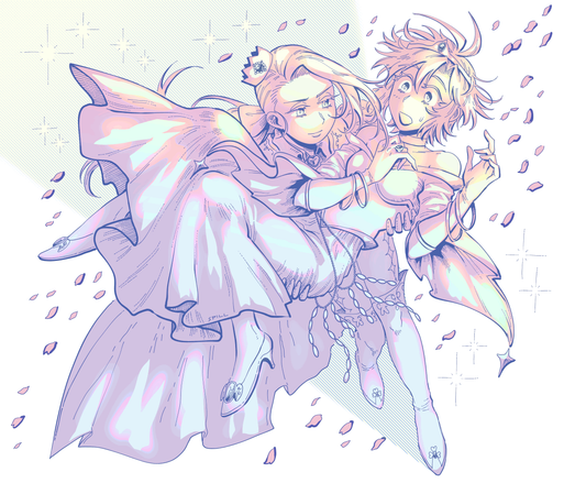 THE IDOLM@STER fan art. A drawing of Iori, a girl with long straight hair in a low ponytail with a strand of hair on the left side of her face left fashionably loose, and Makoto, a girl with short-ish hair with bangs parted to the right. Iori is in a prince costume, wearing gloves, a jacket with puffy sleeves, a heart-shaped brooch as a tie, a long cape, a small crown tipped sideways as a hair ornament, a large bow keeping her ponytail in place, above-knee high boots with jeweled tips and tight pants with a sparkle design on the sides. Makoto is in a princess costume, wearing a jeweled circlet, a choker, elbow-length gloves, a jeweled ring on her right hand's ring finger, small earrings, two thin bejeweled belts with three strings of jewels hanging from them, slippers with a winged jewel design on top and a shoulderless dress with wide, long sleeves that have a star shaped charm at the ends. Makoto seems to be falling into Iori's arms, who steps forward to catch her. Makoto looks surprised, Iori smiles at her.