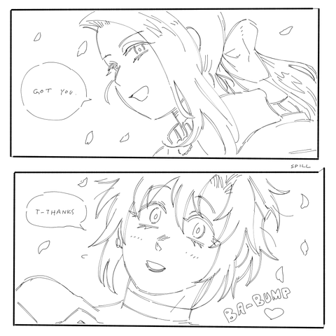 The second image is a two-panel comic. Iori smiles at Makoto, saying, "got you". Makoto smiles at her, still surprised, stuttering out a "thanks". Her heart beats hard.