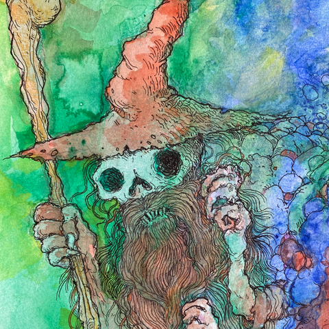 Detalle de la acuarela con manchones de muchos colores de un mago con cara de calavera. El detalle es la cara con una barna larga y un sombrero puntiagudo