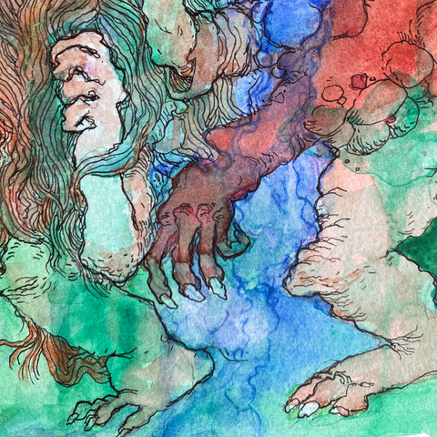 Detalle de la acuarela con de las manos (multiples manos) el dibujo tiene más de dos manos. en colores rojos y azules