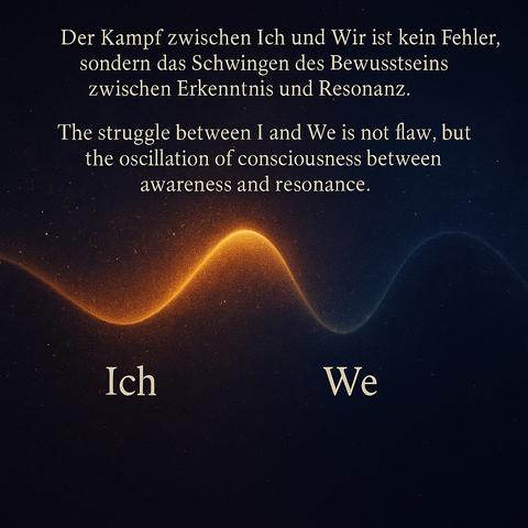 Bildbeschreibung (Deutsch):
Ein symbolisches Metapherbild zeigt eine goldene Schwingungslinie, die sich von links nach rechts über einen tiefblauen, kosmischen Hintergrund zieht. Auf der linken Seite steht das Wort „Ich", auf der rechten „We", verbunden durch die leuchtende Welle, die in der Mitte ihren Höhepunkt erreicht
- als Symbol für das Bewusstseinsfeld zwischen
Erkenntnis und Resonanz. Feine Lichtpartikel funkeln wie Sterne, während der Übergang von Gold zu Indigo das Erwachen vom Ego zur Verbundenheit andeutet.
Image Description (English):
A symbolic metaphor image depicts a golden wave line flowing from left to right across a deep-blue cosmic background. On the left appears "Ich," and on the right "We," linked by the radiant curve that peaks at the center - symbolizing the field of consciousness between awareness and resonance.
Subtle light particles sparkle like stars, while the gradient from gold to indigo evokes the awakening from ego to unity.🖖