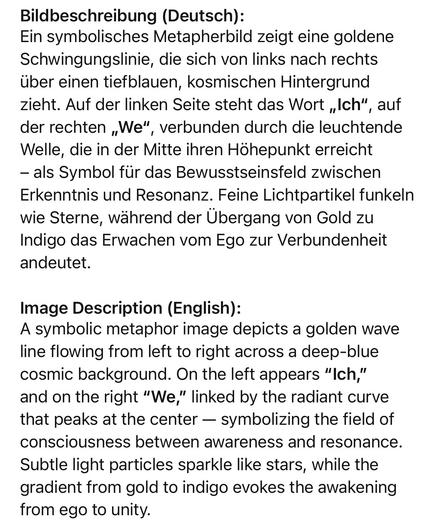 Bildbeschreibung (Deutsch):
Ein symbolisches Metapherbild zeigt eine goldene Schwingungslinie, die sich von links nach rechts über einen tiefblauen, kosmischen Hintergrund zieht. Auf der linken Seite steht das Wort „Ich", auf der rechten „We", verbunden durch die leuchtende Welle, die in der Mitte ihren Höhepunkt erreicht
- als Symbol für das Bewusstseinsfeld zwischen
Erkenntnis und Resonanz. Feine Lichtpartikel funkeln wie Sterne, während der Übergang von Gold zu Indigo das Erwachen vom Ego zur Verbundenheit andeutet.
Image Description (English):
A symbolic metaphor image depicts a golden wave line flowing from left to right across a deep-blue cosmic background. On the left appears "Ich," and on the right "We," linked by the radiant curve that peaks at the center - symbolizing the field of consciousness between awareness and resonance.
Subtle light particles sparkle like stars, while the gradient from gold to indigo evokes the awakening from ego to unity.🖖