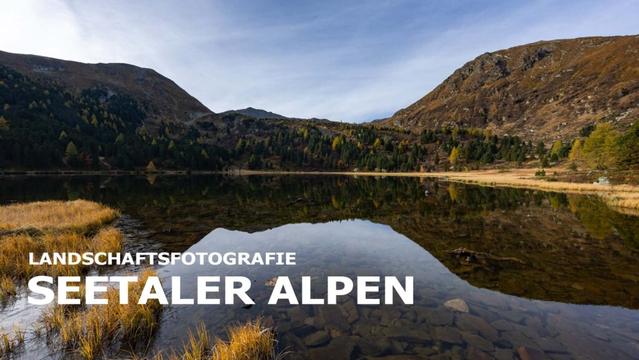 Logo Video "Landschaftsfotografie - Seetaler Alpen" mit einem Berg, der sich in einem See spiegelt.