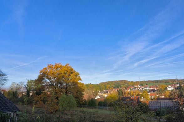 Eine herbstliche Landschaft mit blauem Himmel, vereinzelten weißen Wolkenstreifen und einem großen Baum mit gelb-orangen Blättern im Vordergrund, dahinter ein Dorfg mit roten Dächern, grünen Feldern, Wald und Solarzellen am rechten Bildrand.