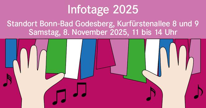 Plakat für Infotage 2025 der  Beethoven-Musikschule mit Datum (Samstag, 8. November 2025), Uhrzeit (11-14 Uhr) und Standort (Bonn-Bad Godesberg), dekoriert mit bunten Stoffstreifen, auf die zwei Hände das Klavierspielen andeuten, und Musiknoten.