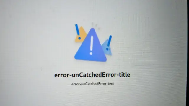 A screenshot, showing a white screen with the Windows 355 logo.
With two captions:
- error-unCatchedError-title
- error-unCatchedError-text
That's it.