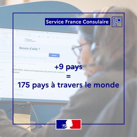 A computer screen displays the France Consulaire service interface with a button labeled Besoin daide and text indicating +9 pays added. Below it shows SUS PAYSPertevol and Suspension de permis de conduire. Statistics note 175 pays à travers le monde. A persons hand wearing glasses is visible in the foreground. The French flag is at the bottom right corner.
