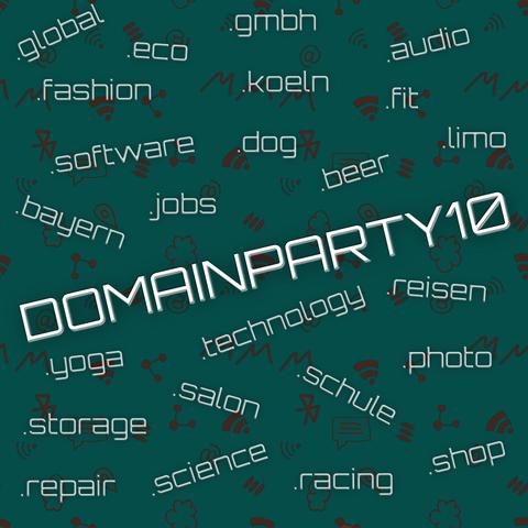 Viele Technik-Symbole wie Wifi, Bluetooth, Share und co sind auf diesem Bild abgebildet. In großen Lettern steht der Gutscheincode "DOMAINPARTY10" darüber. Weiterhin sind über das Bild einige Top Level Domains verteilt, darunter .photo, .beer, .eco und weitere.