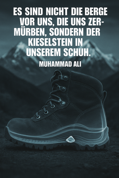 Zitat:
„Es sind nicht die Berge vor uns, die uns zermürben, sondern der Kieselstein in unserem Schuh.“
— Muhammad Ali