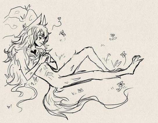 Boceto de un personaje de aspecto andrógino, de pelo muy largo y orejas de lobo, recostado contra una roca, rodeado de florcitas. No tiene ropa, está cubierto de pelo, y tiene las patas con garras. Está como distraído y sonriendo mirando una mariposa que vuela cerca suyo. En el pecho se le ven las costillas sobresalir entre el pelo, y tiene las manos en el pecho en postura de rezar.