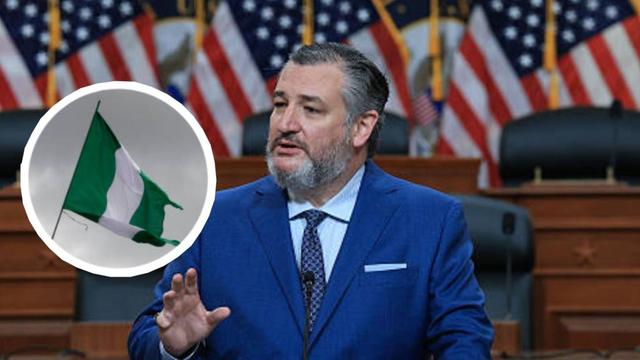 U.S. Senator Ted Cruz speaking at a podium with multiple American flags behind him, with an inset image of the Nigerian flag in the corner.