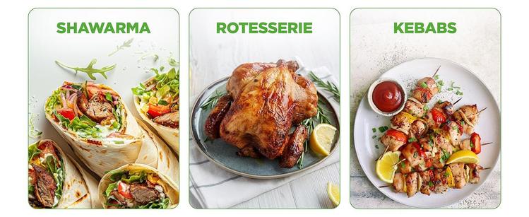 Three different meals: shawarma, rotisserie, and kebabs.