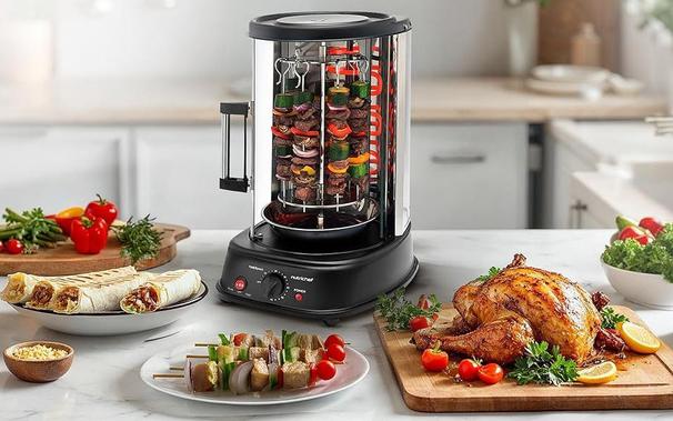 Food on table after cooked using the NutriChef Vertical Rotisserie Rotating Oven.