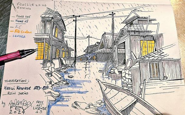 photographie en couleur d'un dessin sur carnet page blanche d'un paysage de pluie dans un village japonais. Il s'agit d'un entraînement aux traits fait depuis une œuvre de Hasui Kawase.