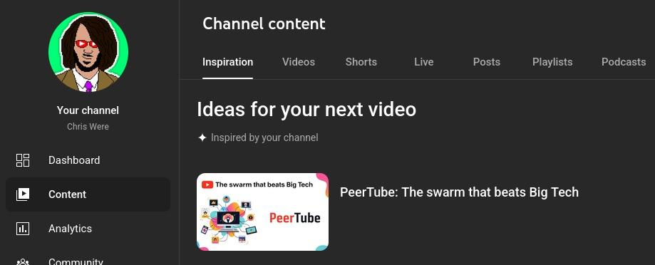 From YouTube.com: "Ideas for your next video - Inspired by your channel - PeerTube: The swarm that beats Big Tech"