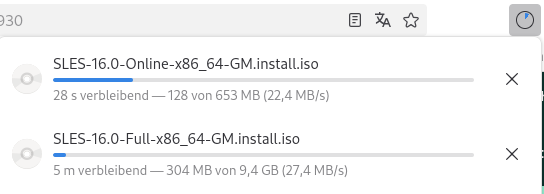 Screenshot of Firefox downloading SLES 16.0