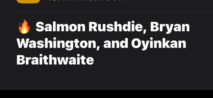 A cropped screenshot from an email I got today listing some authors, and Salman Rushdie's name is spelled like the fish, salmon. 🙄