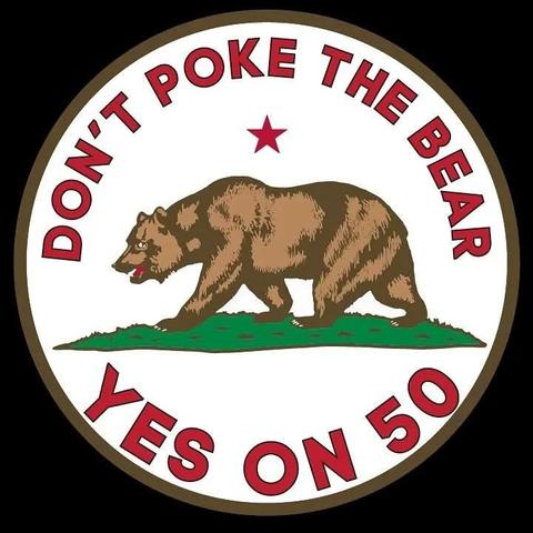 DON'T POKE THE BEAR - YES ON 50  "BUTTON"
CA FLAG art: BEAR ON GREEN W/ red star (also from flag)