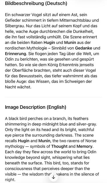 Bildbeschreibung (Deutsch)
Ein schwarzer Vogel sitzt auf einem Ast, sein Gefieder schimmert in tiefem Mitternachtsblau und Silbergrau. Nur das Licht auf seinem Kopf und das helle, wache Auge durchbrechen die Dunkelheit, die ihn fast vollständig umhüllt. Die Szene erinnert an die beiden Raben Hugin und Munin aus der nordischen Mythologie - Sinnbild von Gedanke und Erinnerung. Sie flogen jeden Tag über die Welt, um Odin zu berichten, was sie gesehen und gespürt hatten. So wie sie dem König Erkenntnis jenseits der Oberfläche brachten, steht auch dieser Vogel für das Bewusstsein, das tiefer wahrnimmt als das bloße Auge: das Wissen, das im Schweigen der Nacht wächst.
Image Description (English)
A black bird perches on a branch, its feathers shimmering in deep midnight blue and silver-gray.
Only the light on its head and its bright, watchful eye pierce the surrounding darkness. The scene recalls Hugin and Munin, the two ravens of Norse mythology - symbols of Thought and Memory.
Each day they flew across the world to bring Odin knowledge beyond sight, whispering what lies beneath the surface. This bird, too, stands for consciousness that perceives deeper than the visible - the wisdom tha' vakens in the silence of night.🖖