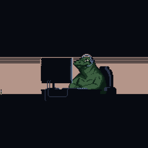 a reptilian call center worker sitting behind a cubical desk looking at a computer screen wearing a small headset, looks happy