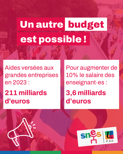 Un autre budget est possible !
Aides versées aux grandes entreprises en 2023 : 211 milliards d'euros.
Pour augmenter de 10% le salaire des enseignant∙es : 3,6 milliards d’euros.