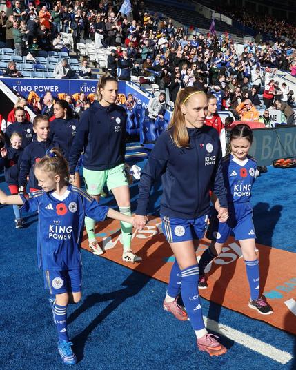 Janice Cayman walking out at King Power Stadium.