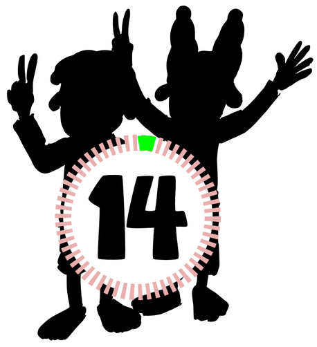 Ombre de deux moutons antropomorphes, Abel et Bellina. Un numéro 14 (correspondant à la quatorzième aventure) se trouve devant eux.