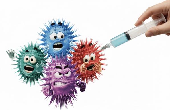 Bild mit vier Viren und einer Spritze.
Mit KI habe ich die Viren aus dem Foto extrahiert.