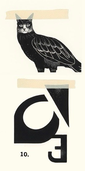 Figure 10.

An abstract image featuring a bird with a cat's head prominently displayed. The bird stands above various fragmented letterforms and geometric shapes. Masking tape is applied across the top of portions of the composition, adding texture and contrast to the design.