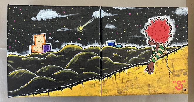 finished painting of a brown-skinned person with a large red afro holding a lit cigarette, leaning over a dirty-looking orange & brownish wall and looking into the distance at hills in the distance. the sky is black and starry and there's a meteor falling to the left on the left-hand panel.