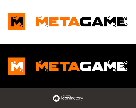 The Metagame logo and logotype in light and dark mode. Bold type in orange and black with some of the block letters becoming pixelated at the edges.