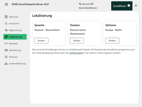 Screenshot of the new Agama web installer: it shows the Language/Keyboard/Timezone selection