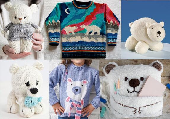 Collage of knitting projects:
1. Bjorn The Bear is a polar bear standing on two legs with sweater. Designed by MamaInAStitch.
2. Aurora Sweater with two polar bears under the red and turquoise northern lights on the front. Designed by amarinalevin.
3, Polar Bear toy knit flat, seamed and felted. Designed by Michele Wilcox for Universal Yarn.
4. Polar Bear Cub toy with fish in mouth designed by Megan Kreiner. 
5. Polar Bear Sweater featuring a polar bear worked with intarsia with scarf.  Designed by Cygnet Yarns Ltd.
6. Bear Book Cushion is a polar bear pillow with a Pocket to hold a book or other items. Designed by Cher Marcus