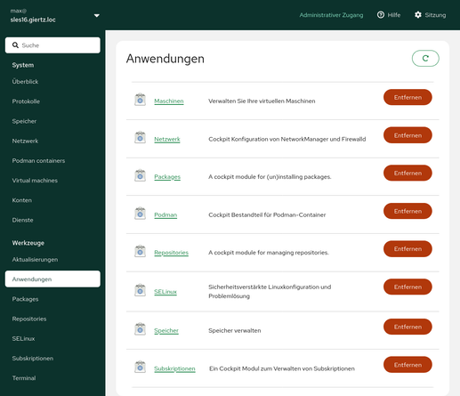Dialog listing all configured Cockpit applications. This installation also supports virtual machines, containers, software packages, subscriptions and so much more