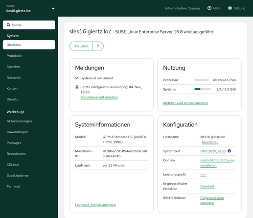 Cockpit listing various system details such as system messages, file system usage and configuration status