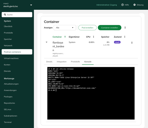 The web interface shows an interactive console to a running Podman containers. It's running SLES 15.