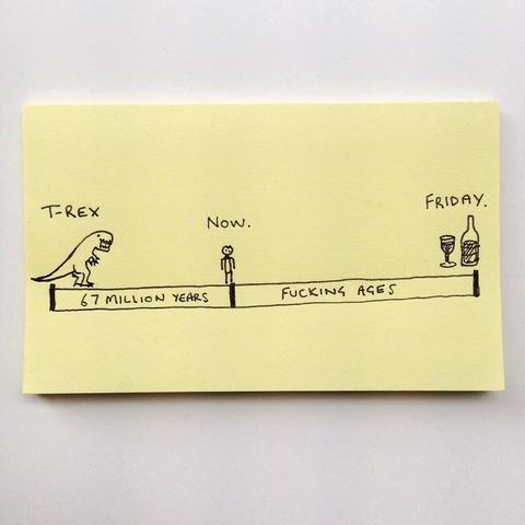 illustration on a yellow postit note
of a 67m yr timeline with T-Rex. on one end,  and me at Now. in the middle, still fucking ages away from Friday. drinks on the other end