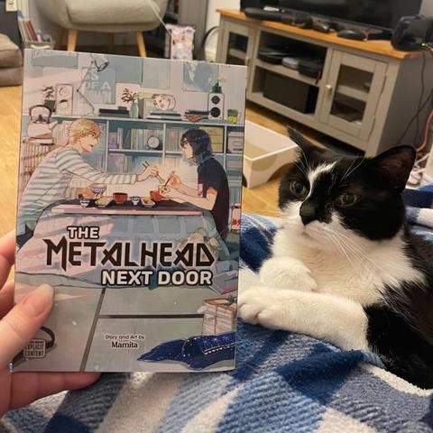 Cute black and white cat shown next to a BL manga volume.