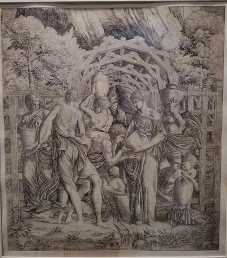 Gravure. Une femme propose de l'eau à un gomme penché. Derrière eux, un promenade couverte d'une succession d'arches en bois.