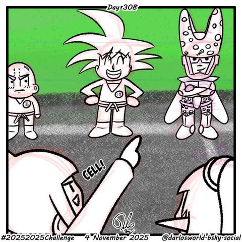 Drawing of Darlo and Anna picking teams in a schoolyard. The choices are between the Dragon Ball Z characters, Krillin, Goku and Cell. Darlo points to, and chooses Cell.