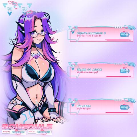 Praxis' schedule for 03-09 November 2025.
Tuesday Nov 04: Luigi's Mansion 3, 8th floor and beyond! Starting 06pm EST.
Thursday Nov 06: Tales of Arise, starting a new rpg! Starting 06pm EST.
Saturday Nov 08: Balatro, aww dangit! Starting 06pm EST.

Schedule design by deliciarin, illustration by megrocks. The illustration is Praxis sitting on her bent knees with her hands on the ground, looking towards the viewer and smiling cutely.