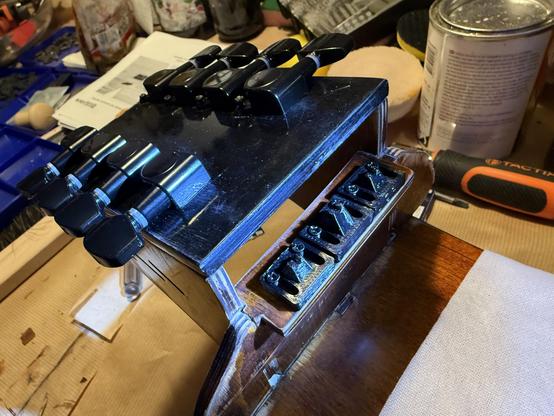 Photo of the head with tuners and nuts mounted.