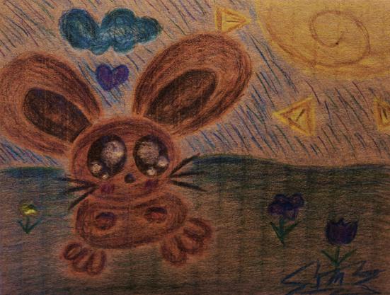 A colored pencil drawing of a bunny randomly chilling.